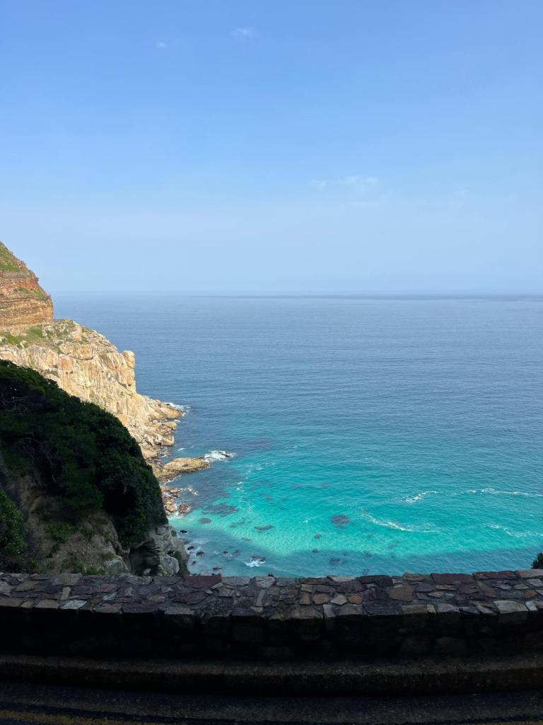 A scenic view of the ocean from a cliff, featuring turquoise waters and rocky coastline under a clear blue sky.