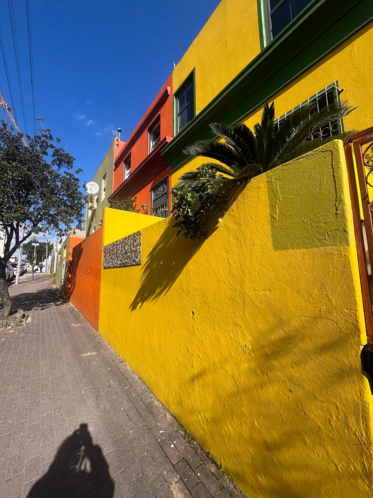 A colorful street view featuring vibrant yellow, orange, and red buildings with clear blue sky and shadows from nearby foliage.