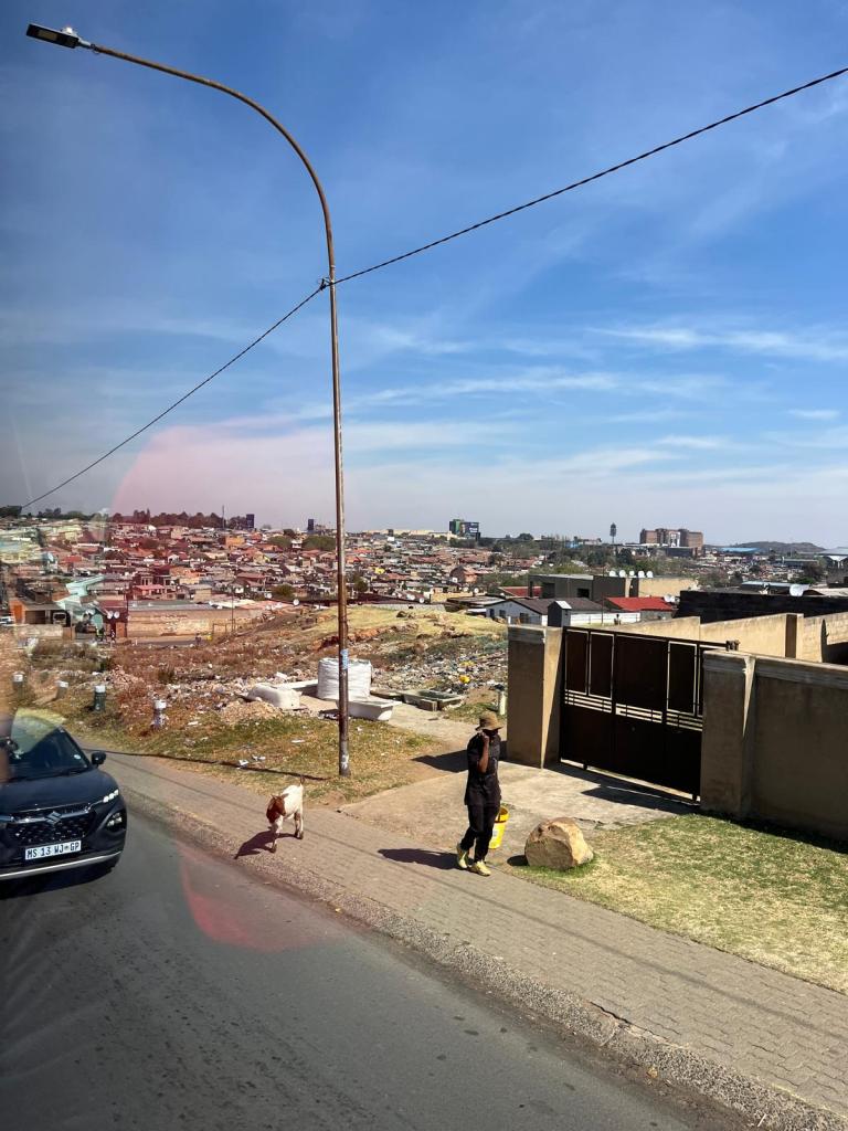A view of a street with a man walking a dog, a car passing by, and a neighborhood in the background with various houses and scattered debris under a clear blue sky.
